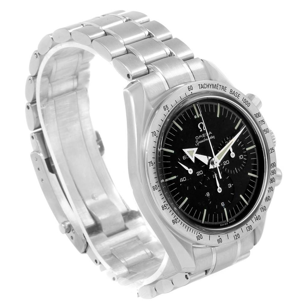 The Omega Speedmaster 3594.50.00 Men
s Stainless Steel Black Dial 3594.50.00 Men
s Stainless Steel Black Dial watch is shown at a three-quarter angle highlighting its dial, bezel, bracelet, and clasp.