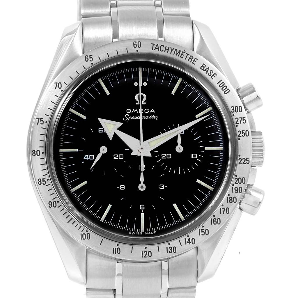 The image shows a front view of an Omega Speedmaster 3594.50.00 Men
s Stainless Steel Black Dial 3594.50.00 Men
s Stainless Steel Black Dial watch, highlighting the black dial, tachymeter bezel, and stainless steel bracelet.