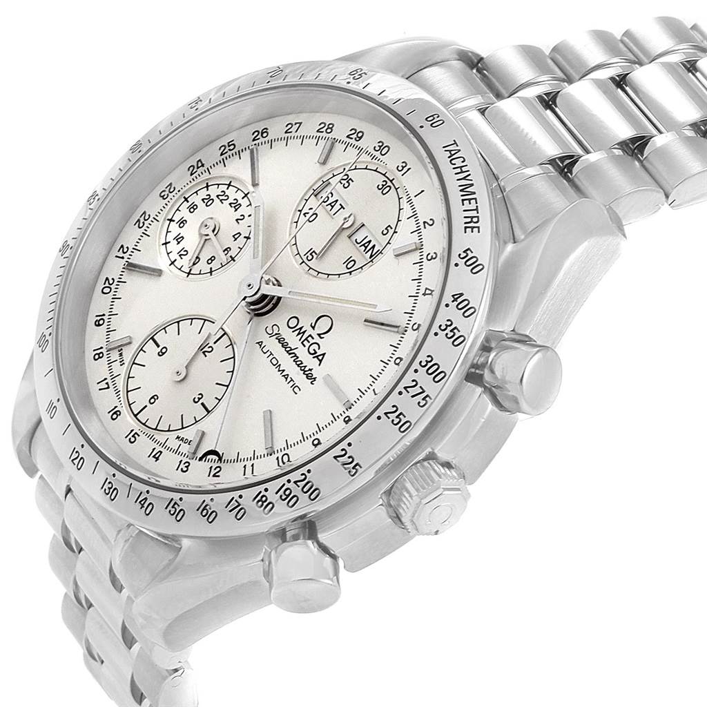 This image shows an angled view of an Omega Speedmaster 3521.30.00 Men
s Stainless Steel Silver Dial 3521.30.00 Men
s Stainless Steel Silver Dial watch, highlighting the dial, bezel, and stainless steel bracelet.