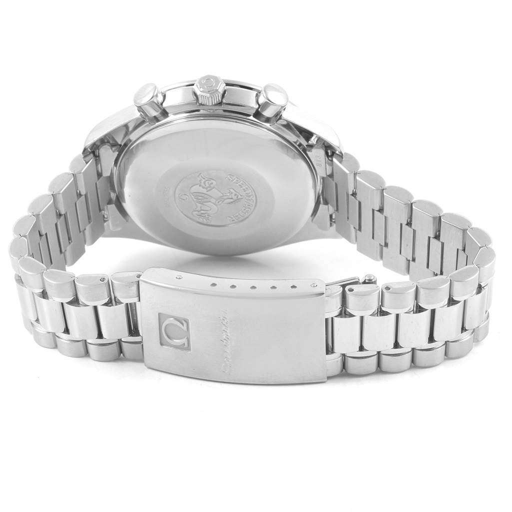 The image shows the backside and clasp of an Omega Speedmaster 3521.30.00 Men
s Stainless Steel Silver Dial 3521.30.00 Men
s Stainless Steel Silver Dial watch with a stainless steel bracelet.