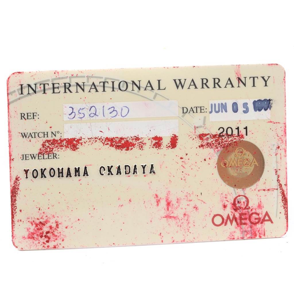The image shows the International Warranty card for an Omega Speedmaster 3521.30.00 Men
s Stainless Steel Silver Dial 3521.30.00 Men
s Stainless Steel Silver Dial model, featuring reference, watch number, jeweler, and purchase date.
