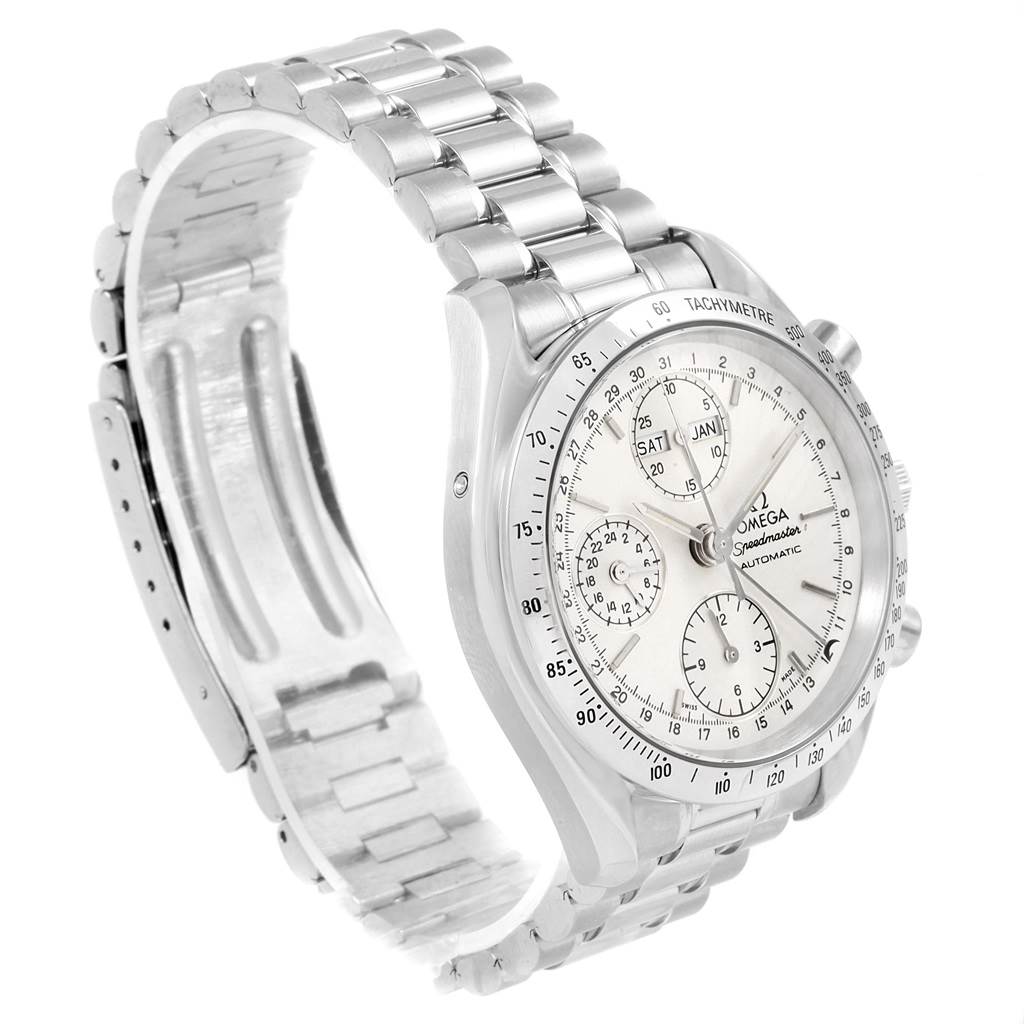 The Omega Speedmaster 3521.30.00 Men
s Stainless Steel Silver Dial 3521.30.00 Men
s Stainless Steel Silver Dial watch is shown at a slight angle, displaying its face, tachymeter bezel, and metal bracelet.