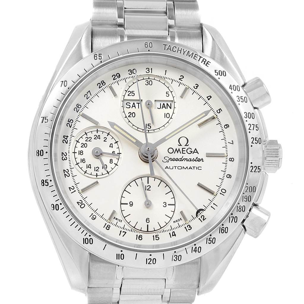The image shows a front view of an Omega Speedmaster 3521.30.00 Men
s Stainless Steel Silver Dial 3521.30.00 Men
s Stainless Steel Silver Dial watch, highlighting the dial, subdials, and tachymeter bezel.