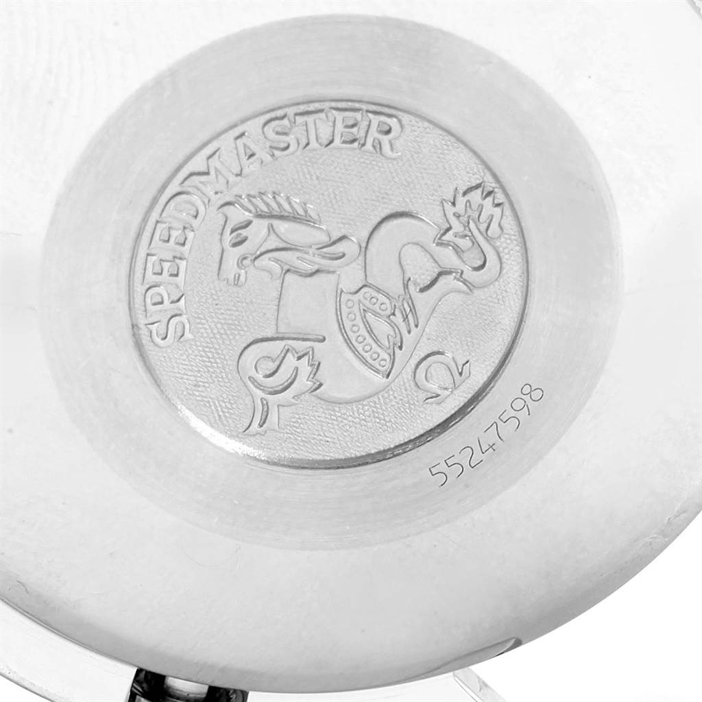 The image shows the case back of the Omega Speedmaster 3521.30.00 Men
s Stainless Steel Silver Dial 3521.30.00 Men
s Stainless Steel Silver Dial watch, featuring the engraved logo and serial number.