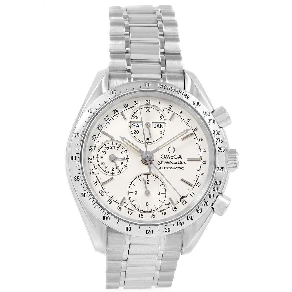 The image shows a front view of the Omega Speedmaster 3521.30.00 Men
s Stainless Steel Silver Dial 3521.30.00 Men
s Stainless Steel Silver Dial watch, displaying its dial, three subdials, and metal bracelet.