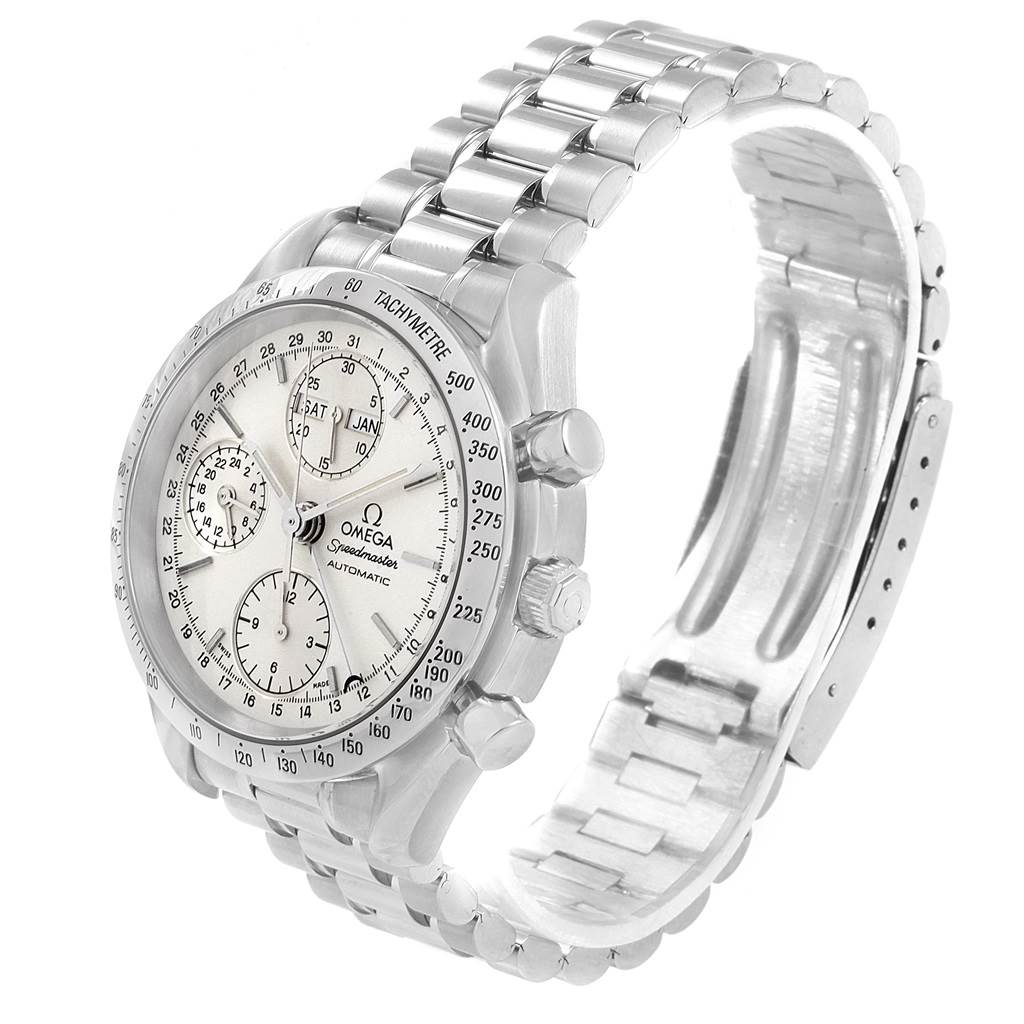 The Omega Speedmaster 3521.30.00 Men
s Stainless Steel Silver Dial 3521.30.00 Men
s Stainless Steel Silver Dial watch is shown at a three-quarter angle, highlighting the dial, case, bezel, and metal bracelet.