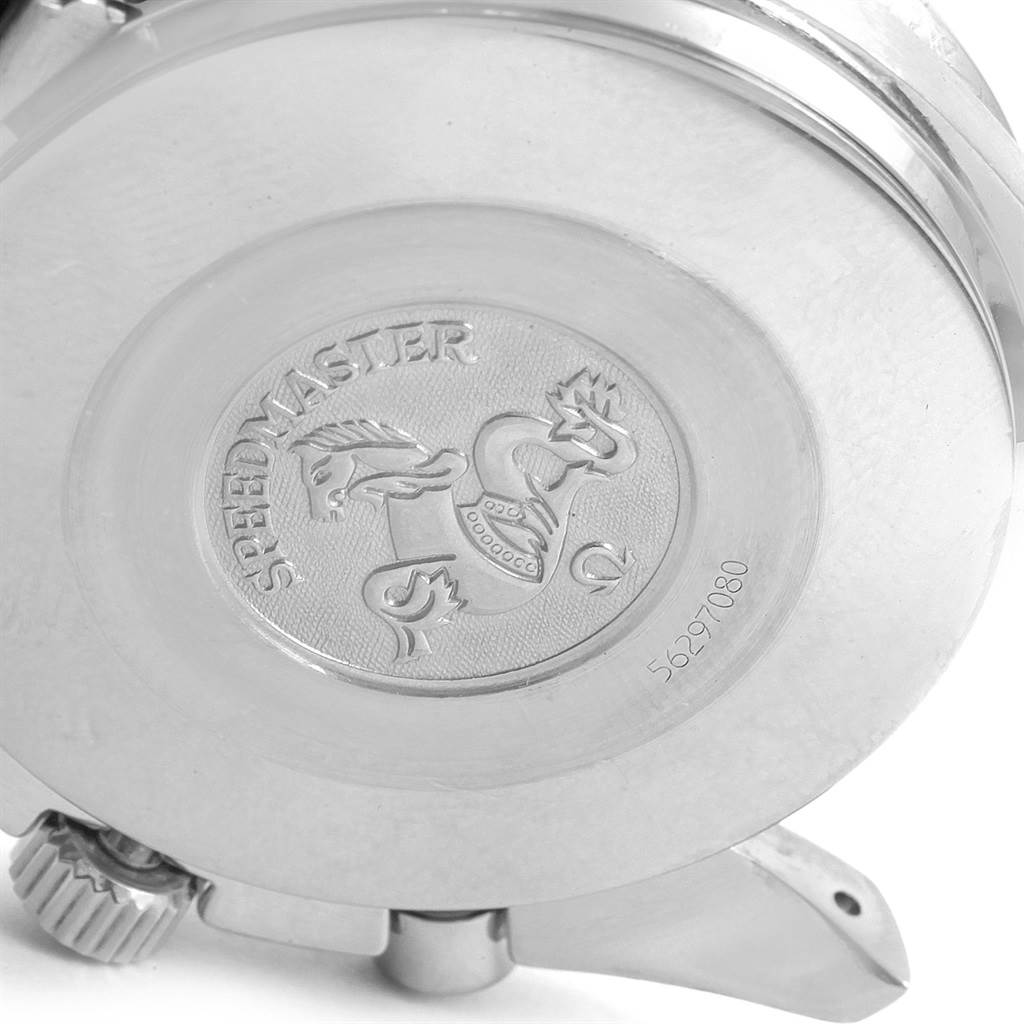 The image shows the engraved backside and crown of the Omega Speedmaster 3510.50.00 Men
s Stainless Steel Black Dial 3510.50.00 Men
s Stainless Steel Black Dial watch at a tilted angle.