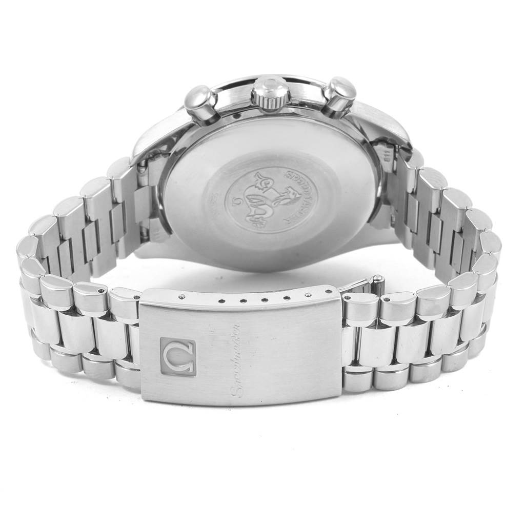 The Omega Speedmaster 3510.50.00 Men
s Stainless Steel Black Dial 3510.50.00 Men
s Stainless Steel Black Dial watch is shown from the back, highlighting the clasp, bracelet, and case back.