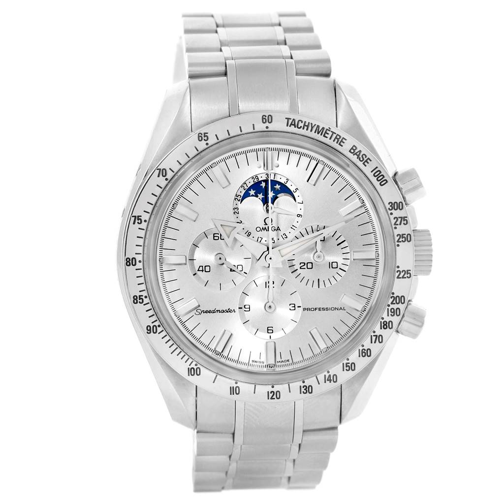 The image shows a frontal view of an Omega Speedmaster 3575.30.00 Men's Stainless Steel Silver Dial 3575.30.00 Men's Stainless Steel Silver Dial watch, highlighting its dial, bezel, and stainless steel bracelet.