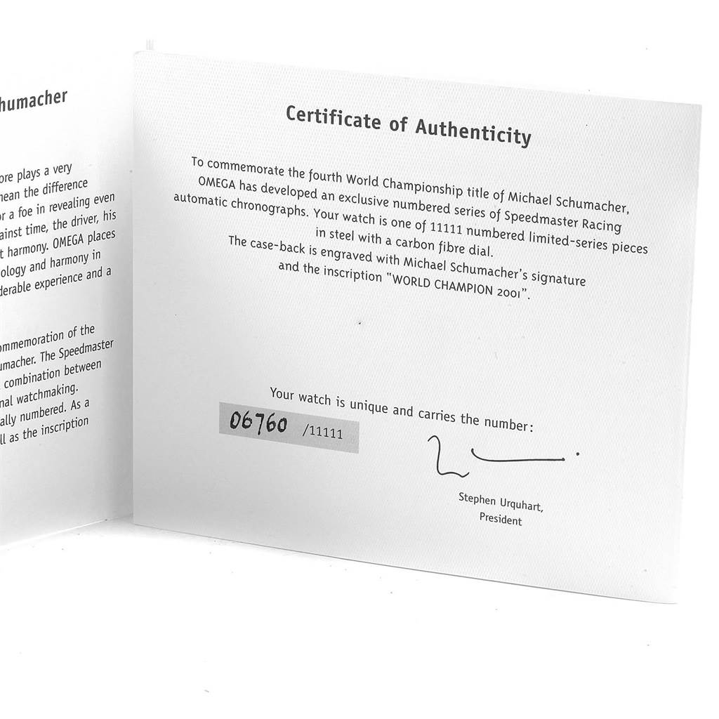 The image shows a Certificate of Best Quality
ity for the Omega Speedmaster 3519.50.00 Men
s Stainless Steel Black Dial 3519.50.00 Men
s Stainless Steel Black Dial Racing watch model.