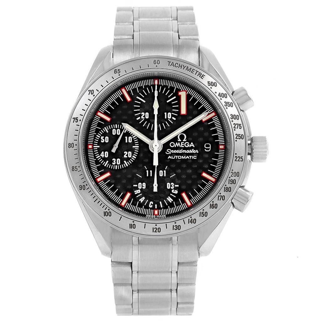 The image shows a front view of an Omega Speedmaster 3519.50.00 Men
s Stainless Steel Black Dial 3519.50.00 Men
s Stainless Steel Black Dial watch, displaying the dial, chronograph functions, and stainless steel bracelet.