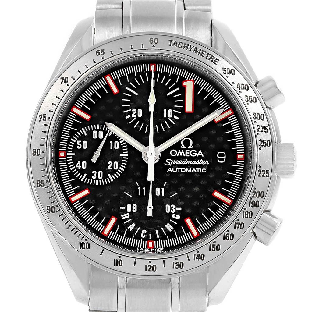 This image shows the front view of the Omega Speedmaster 3519.50.00 Men
s Stainless Steel Black Dial 3519.50.00 Men
s Stainless Steel Black Dial watch with its dial, tachymeter, and chronograph sub-dials visible.