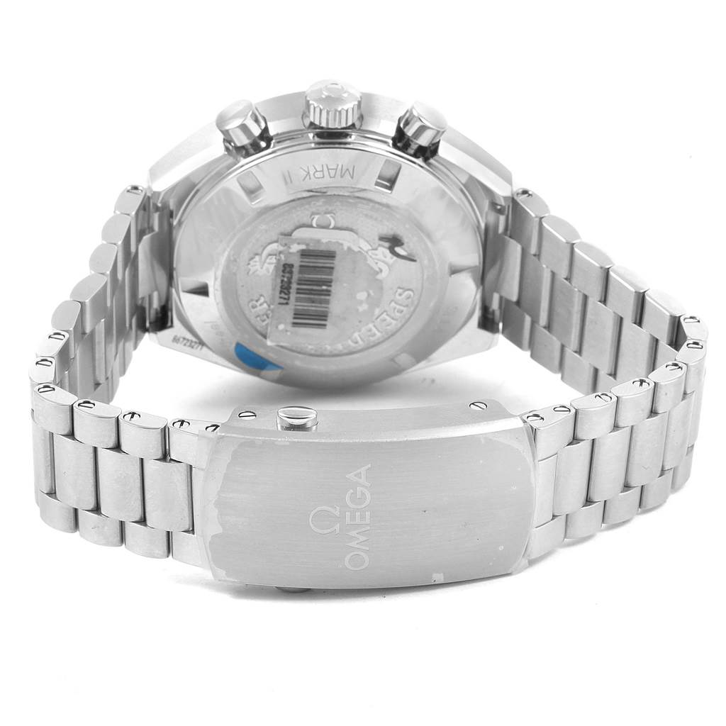 The image shows the back view of an Omega Speedmaster 327.10.43.50.06.001 Men
s Stainless Steel Grey Dial 327.10.43.50.06.001 Men
s Stainless Steel Grey Dial watch, highlighting the bracelet and clasp.