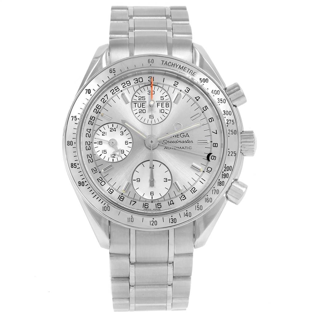 The image shows a frontal view of the Omega Speedmaster 3523.30.00 Men
s Stainless Steel Silver Dial 3523.30.00 Men
s Stainless Steel Silver Dial, highlighting the dial, sub-dials, tachymeter bezel, and metal bracelet.