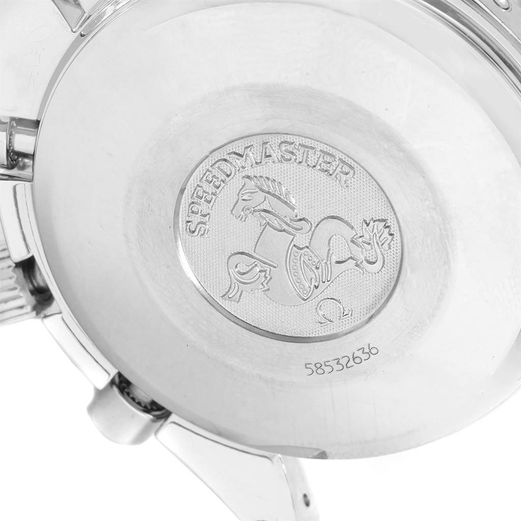 This image shows the case back of an Omega Speedmaster 3523.30.00 Men
s Stainless Steel Silver Dial 3523.30.00 Men
s Stainless Steel Silver Dial watch, highlighting the engraved logo and serial number.