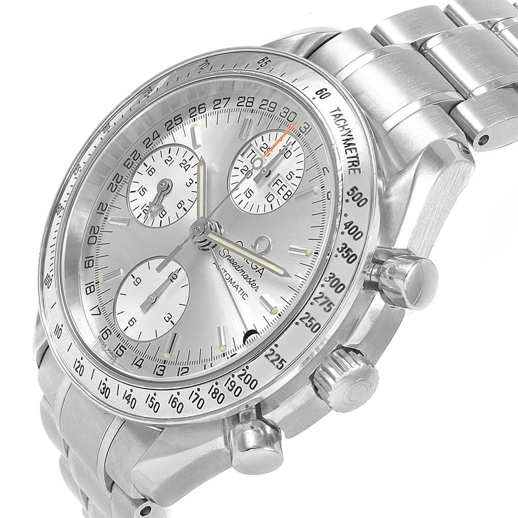 The image shows a close-up angle of an Omega Speedmaster 3523.30.00 Men
s Stainless Steel Silver Dial 3523.30.00 Men
s Stainless Steel Silver Dial watch displaying the face, bezel, crown, and pushers.