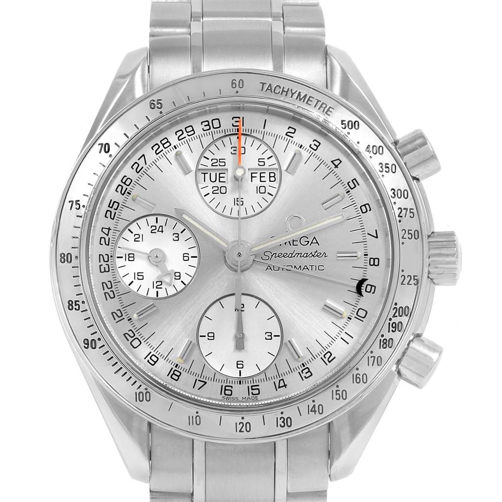 The Omega Speedmaster 3523.30.00 Men
s Stainless Steel Silver Dial 3523.30.00 Men
s Stainless Steel Silver Dial watch is shown from a front angle, displaying the dial, tachymetre, subdials, and bracelet.