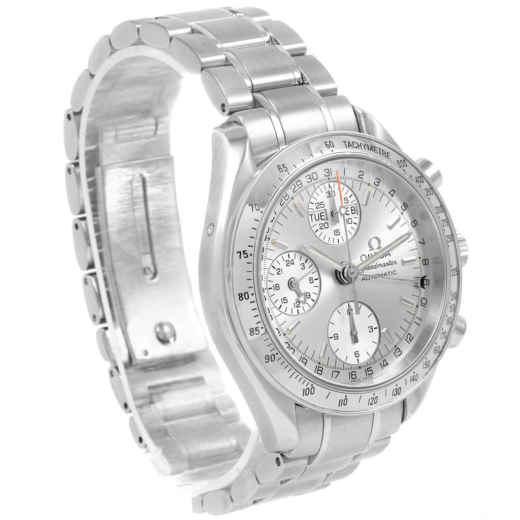 This image shows an Omega Speedmaster 3523.30.00 Men
s Stainless Steel Silver Dial 3523.30.00 Men
s Stainless Steel Silver Dial watch at a three-quarter angle, highlighting its face, bezel, crown, and metal bracelet.