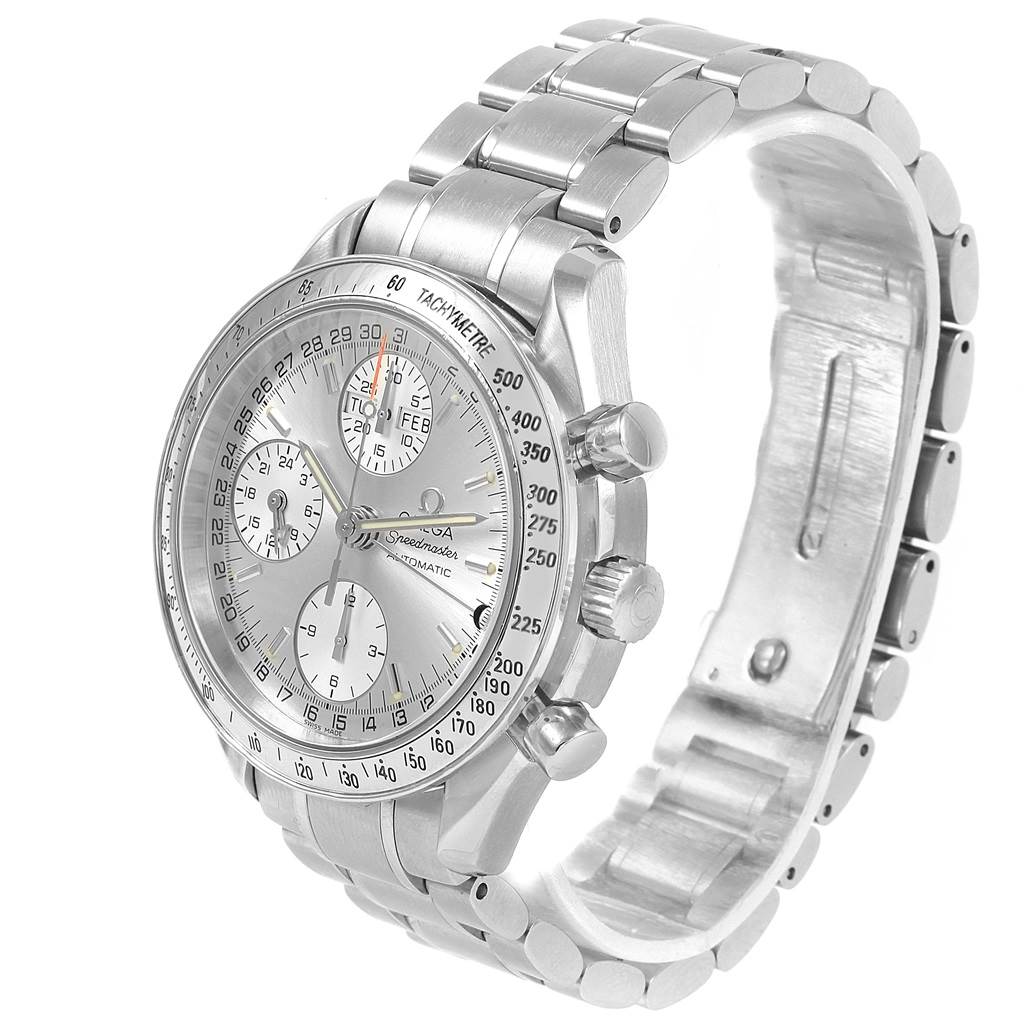 The image shows an angled view of an Omega Speedmaster 3523.30.00 Men
s Stainless Steel Silver Dial 3523.30.00 Men
s Stainless Steel Silver Dial watch, highlighting its dial, bezel, case, and metal bracelet.