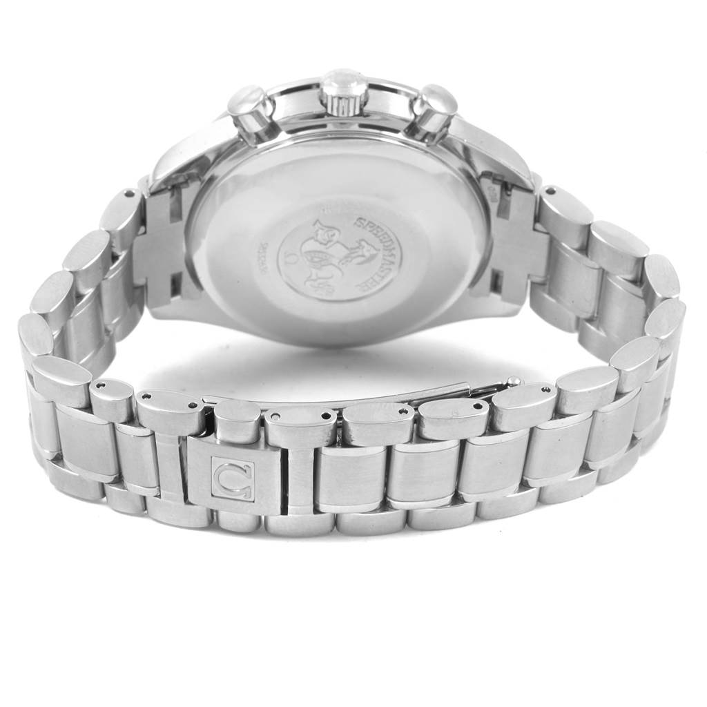 The image shows the back view of an Omega Speedmaster 3523.30.00 Men
s Stainless Steel Silver Dial 3523.30.00 Men
s Stainless Steel Silver Dial watch, highlighting the case back, bracelet, and clasp.