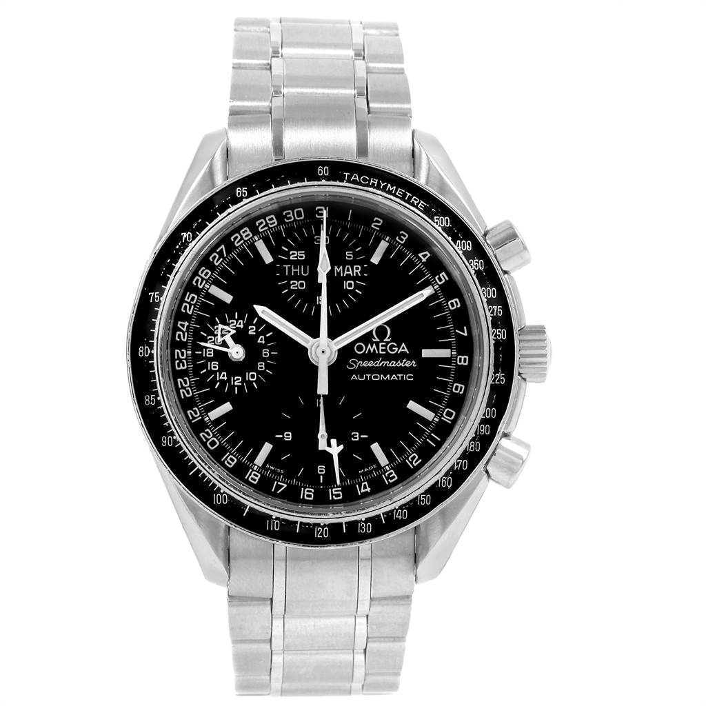 The image shows a front view of the Omega Speedmaster 3520.50.00 Men
s Stainless Steel Black Dial 3520.50.00 Men
s Stainless Steel Black Dial watch, displaying its face, bezel, chronograph, and metal bracelet.