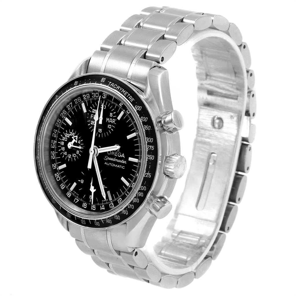 The Omega Speedmaster 3520.50.00 Men
s Stainless Steel Black Dial 3520.50.00 Men
s Stainless Steel Black Dial watch shown is at an angle displaying the face, bezel, crown, pushers, and stainless steel bracelet.