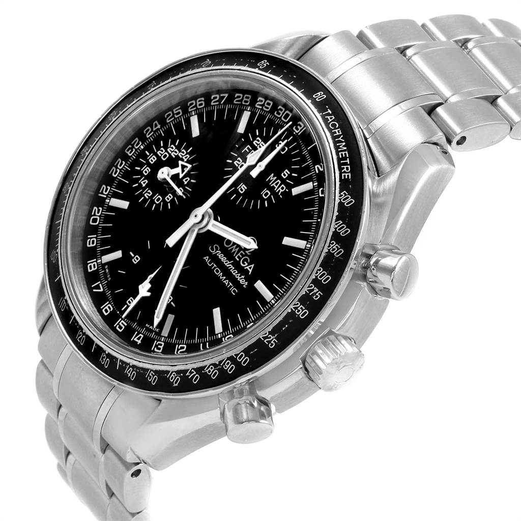 The image shows a side angle of an Omega Speedmaster 3520.50.00 Men
s Stainless Steel Black Dial 3520.50.00 Men
s Stainless Steel Black Dial watch, highlighting the face, bezel, pushers, and bracelet.
