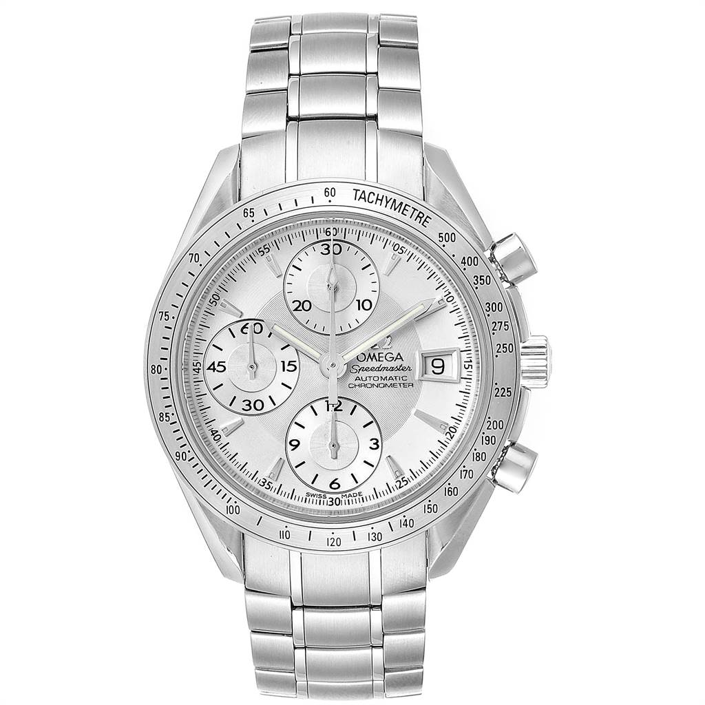 The image shows a front view of the Omega Speedmaster 3211.30.00 Men
s Stainless Steel Silver Dial 3211.30.00 Men
s Stainless Steel Silver Dial watch, displaying the face, three sub-dials, and metal bracelet.