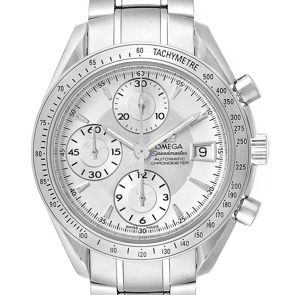 This image shows a frontal view of an Omega Speedmaster 3211.30.00 Men
s Stainless Steel Silver Dial 3211.30.00 Men
s Stainless Steel Silver Dial watch, highlighting the dial, bezel, chronograph sub-dials, and bracelet.