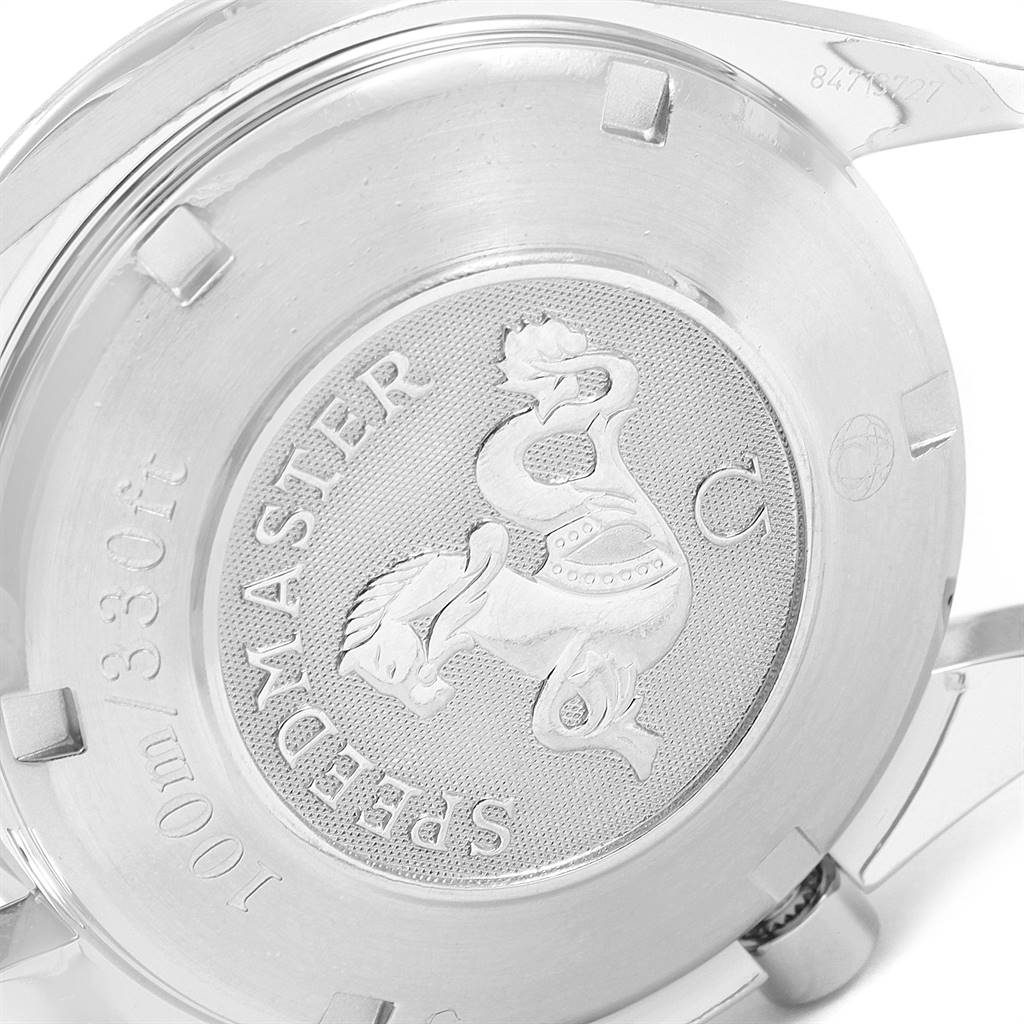 This image shows the case back of an Omega Speedmaster 3211.30.00 Men
s Stainless Steel Silver Dial 3211.30.00 Men
s Stainless Steel Silver Dial watch, featuring the engraved logo and specifications.