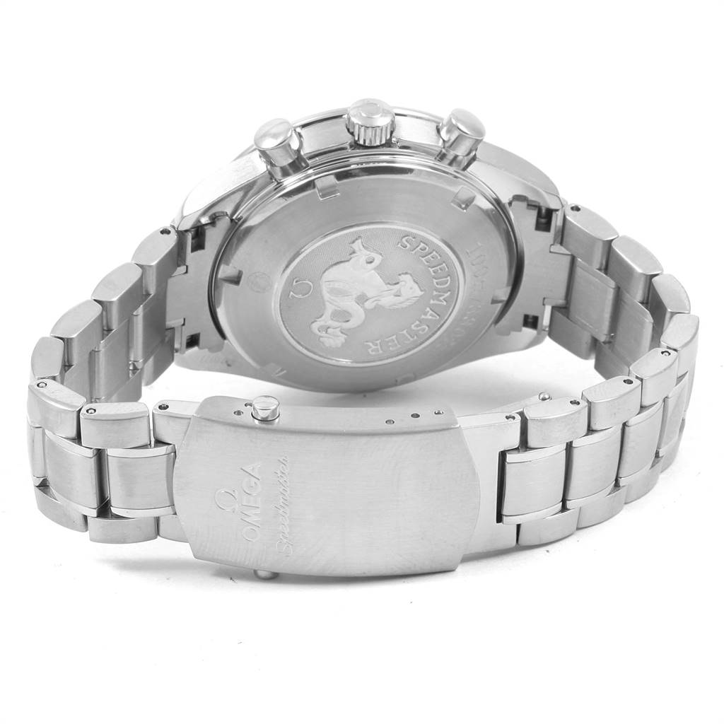The image shows the back and metal bracelet of an Omega Speedmaster 3211.30.00 Men
s Stainless Steel Silver Dial 3211.30.00 Men
s Stainless Steel Silver Dial watch, including the clasp and case back with the Speedmaster engraving.