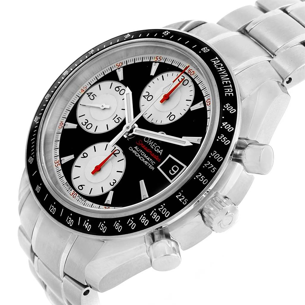 The Omega Speedmaster 3210.51.00 Men
s Stainless Steel Black Dial 3210.51.00 Men
s Stainless Steel Black Dial watch is shown at a slight right angle, highlighting the dial, tachymeter bezel, and stainless steel band.
