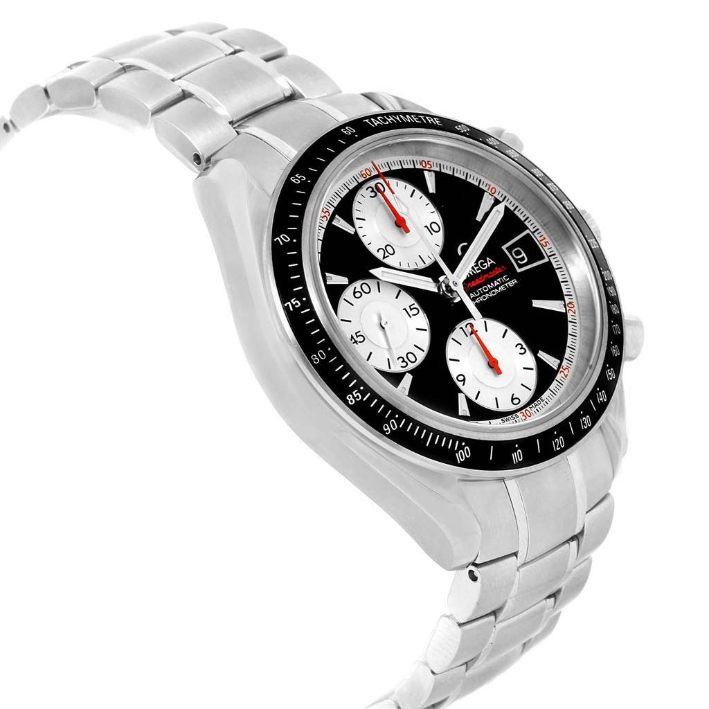 The Omega Speedmaster 3210.51.00 Men
s Stainless Steel Black Dial 3210.51.00 Men
s Stainless Steel Black Dial watch is shown at a side angle, displaying the face, bezel, and bracelet.