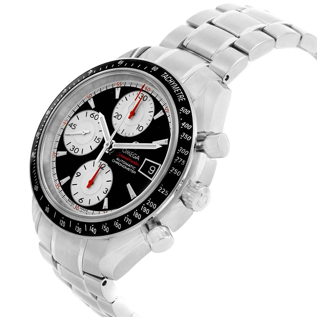 The image shows an angled view of the Omega Speedmaster 3210.51.00 Men
s Stainless Steel Black Dial 3210.51.00 Men
s Stainless Steel Black Dial watch, highlighting its face, bracelet, and pushers.