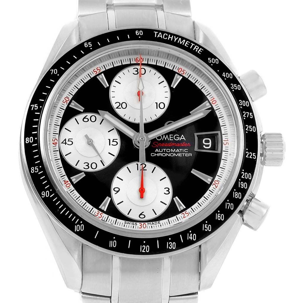 The image shows a front view of an Omega Speedmaster 3210.51.00 Men
s Stainless Steel Black Dial 3210.51.00 Men
s Stainless Steel Black Dial watch, highlighting its dial, subdials, date window, and tachymeter bezel.
