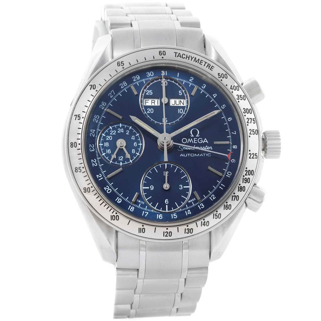 The Omega Speedmaster 3521.80.00 Men
s Stainless Steel Blue Dial 3521.80.00 Men
s Stainless Steel Blue Dial watch is shown from the front angle, displaying its blue dial, tachymeter bezel, and stainless steel bracelet.