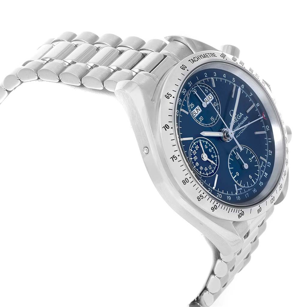 The Omega Speedmaster 3521.80.00 Men
s Stainless Steel Blue Dial 3521.80.00 Men
s Stainless Steel Blue Dial watch is shown at a slight angle, emphasizing the bracelet, bezel, and blue dial with subdials.