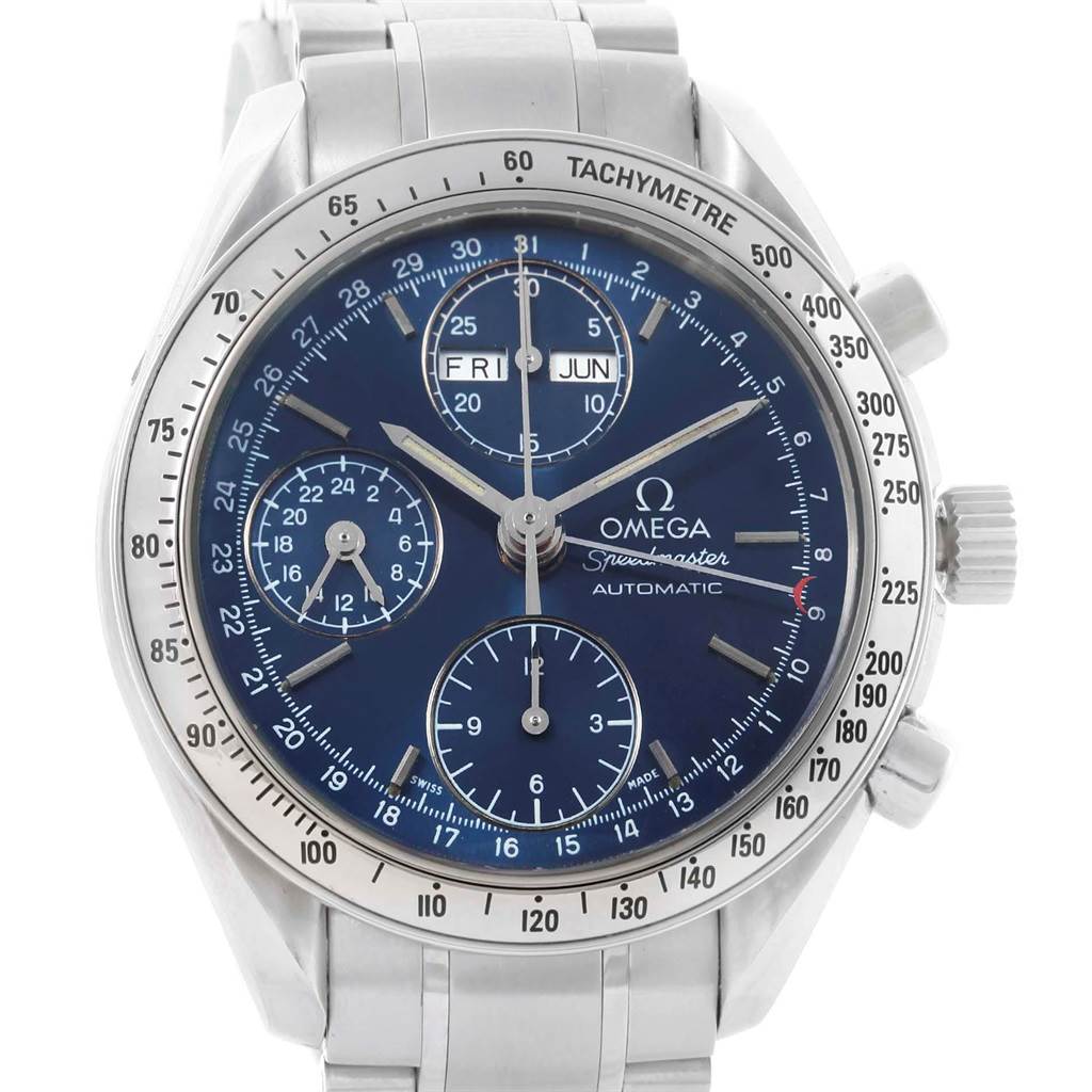 This image shows a frontal view of an Omega Speedmaster 3521.80.00 Men
s Stainless Steel Blue Dial 3521.80.00 Men
s Stainless Steel Blue Dial watch, highlighting the dial, subdials, and tachymetre bezel.