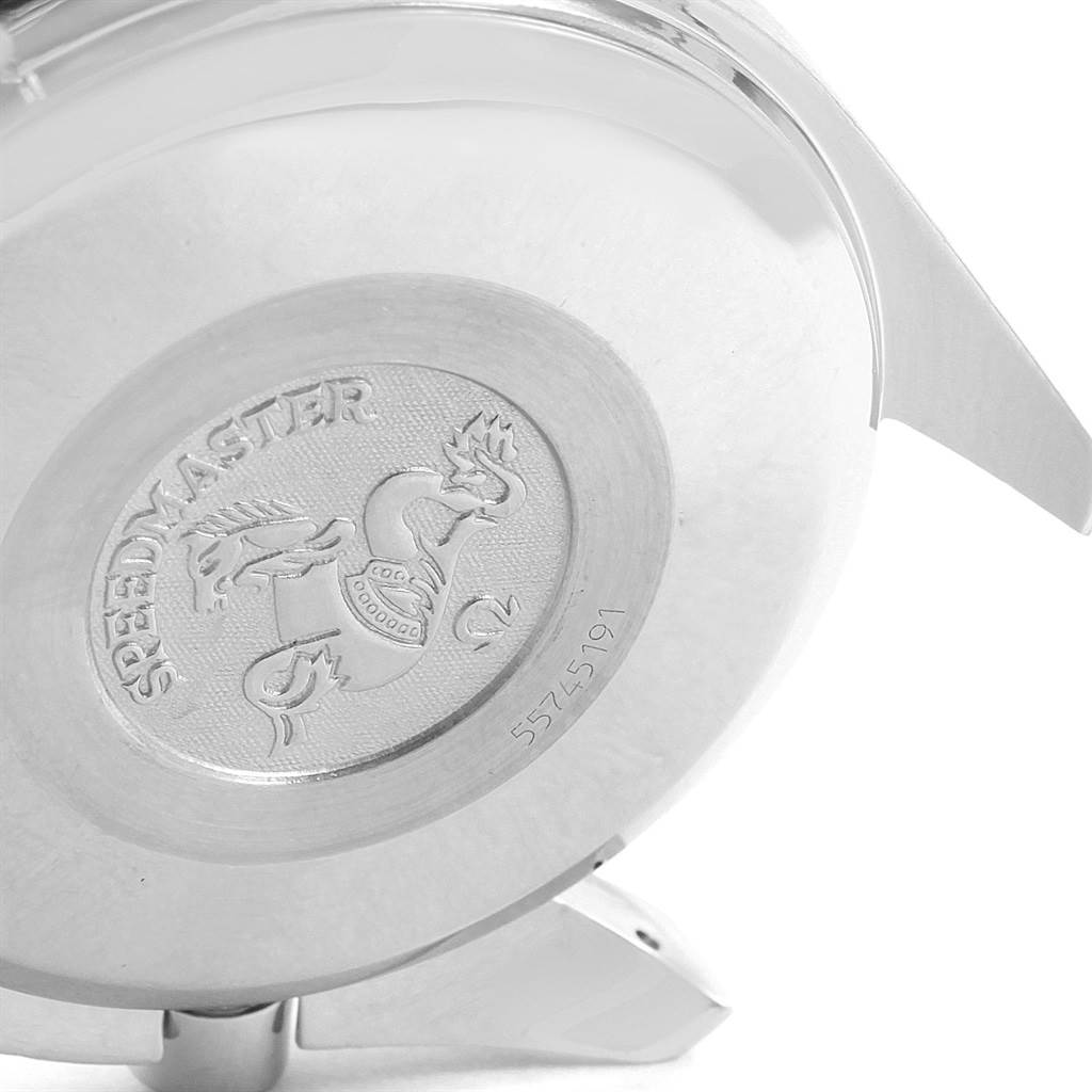 The image shows the case back of an Omega Speedmaster 3521.80.00 Men
s Stainless Steel Blue Dial 3521.80.00 Men
s Stainless Steel Blue Dial watch, featuring its emblem and part of the lugs.