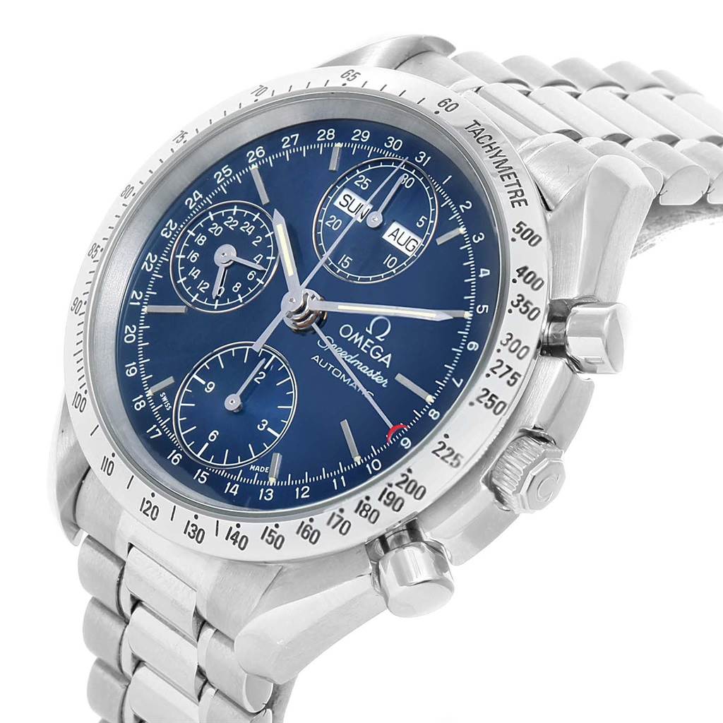 The image shows an angled front view of an Omega Speedmaster 3521.80.00 Men
s Stainless Steel Blue Dial 3521.80.00 Men
s Stainless Steel Blue Dial watch, highlighting its face, sub-dials, bezel, and metal bracelet.