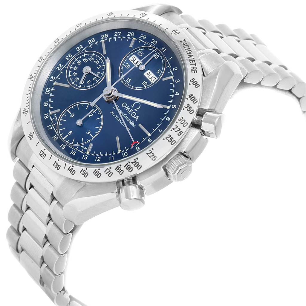 The image shows a side-angle view emphasizing the dial and bracelet clasp of the Omega Speedmaster 3521.80.00 Men
s Stainless Steel Blue Dial 3521.80.00 Men
s Stainless Steel Blue Dial watch.