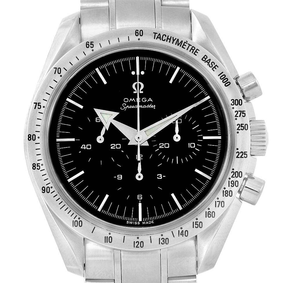 The image shows a front view of the Omega Speedmaster 3594.50.00 Men
s Stainless Steel Black Dial 3594.50.00 Men
s Stainless Steel Black Dial watch, displaying its tachymeter bezel, chronograph sub-dials, and stainless steel band.