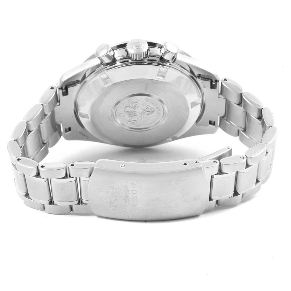 The image shows the back and clasp of the Omega Speedmaster 3594.50.00 Men
s Stainless Steel Black Dial 3594.50.00 Men
s Stainless Steel Black Dial watch in a semi-open position.