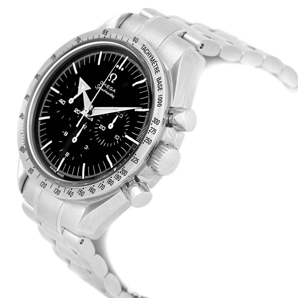 The image shows a side angle of the Omega Speedmaster 3594.50.00 Men
s Stainless Steel Black Dial 3594.50.00 Men
s Stainless Steel Black Dial, highlighting the crown, pushers, tachymeter bezel, and bracelet.