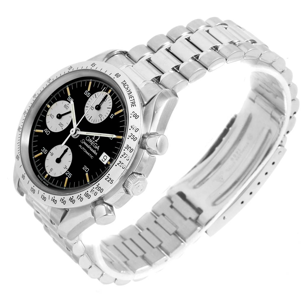 The Omega Speedmaster 3511.50.00 Men
s Stainless Steel Black Dial 3511.50.00 Men
s Stainless Steel Black Dial watch is shown at an angle highlighting its dial, bezel, crown, pushers, and metal bracelet.