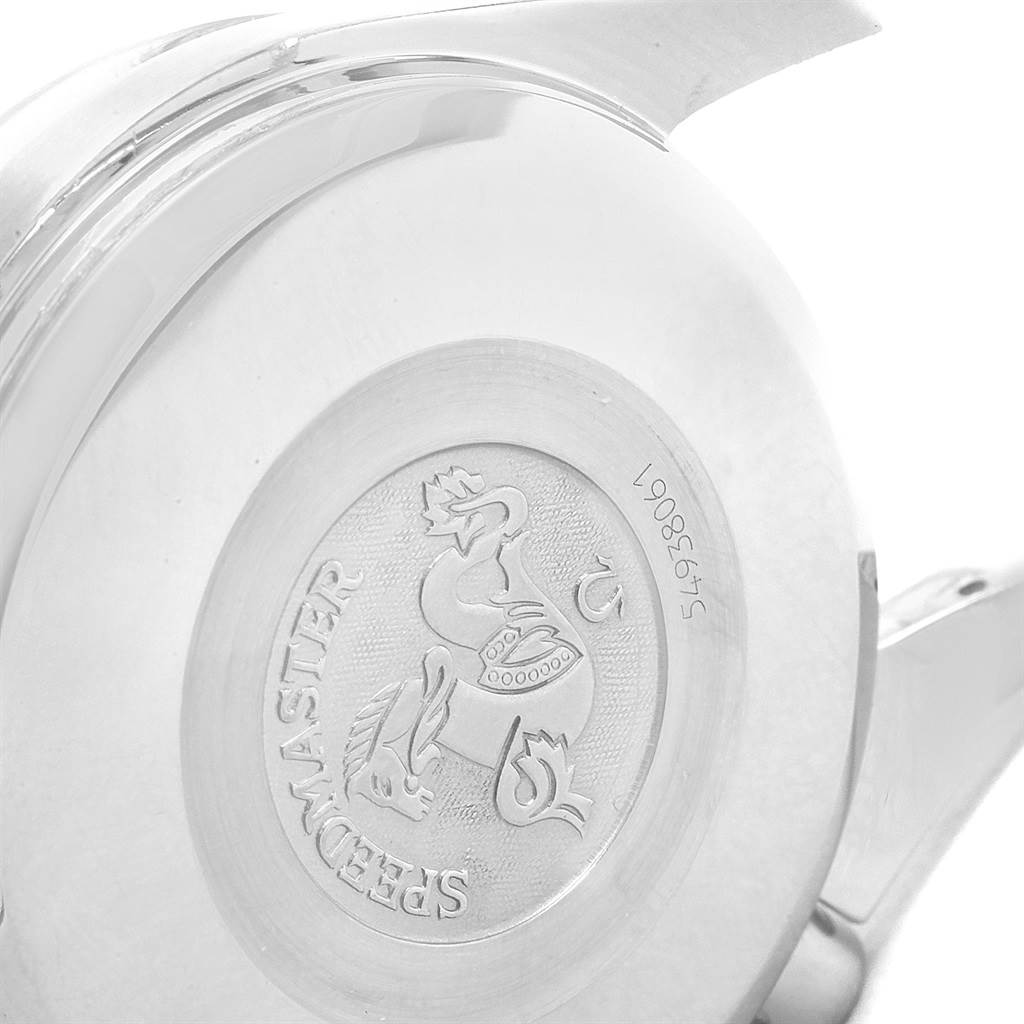 This image shows the case back of an Omega Speedmaster 3511.50.00 Men
s Stainless Steel Black Dial 3511.50.00 Men
s Stainless Steel Black Dial watch, featuring its engraved logo and serial number.