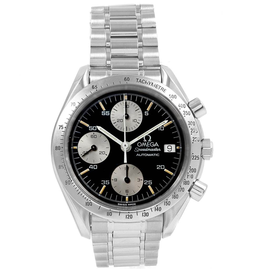 The Omega Speedmaster 3511.50.00 Men
s Stainless Steel Black Dial 3511.50.00 Men
s Stainless Steel Black Dial watch is shown from a front angle, displaying the dial, bezel, chronograph subdials, and bracelet.