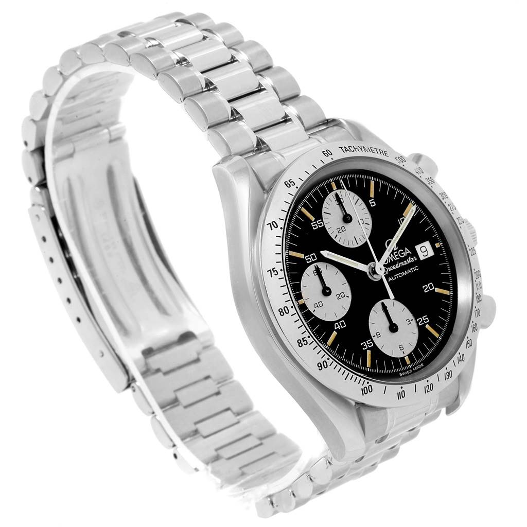 The image shows an Omega Speedmaster 3511.50.00 Men
s Stainless Steel Black Dial 3511.50.00 Men
s Stainless Steel Black Dial watch from a side angle, displaying its bracelet, case, and dial clearly.