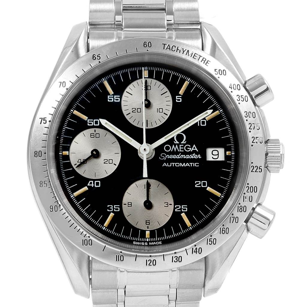 The image shows a frontal view of an Omega Speedmaster 3511.50.00 Men
s Stainless Steel Black Dial 3511.50.00 Men
s Stainless Steel Black Dial watch, including its dial, bezel, and metal bracelet.
