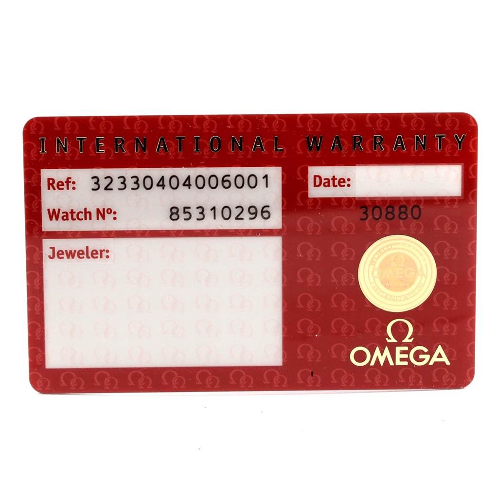 The image shows an Omega Speedmaster 323.30.40.40.06.001 Men
s Stainless Steel Grey Dial 323.30.40.40.06.001 Men
s Stainless Steel Grey Dial International Warranty card with reference and serial numbers.